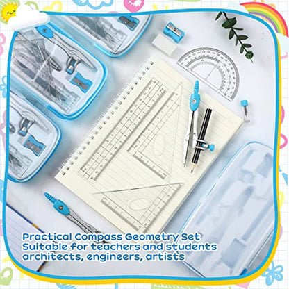 Teling 12 Sets Math Geometry Kit for Students 10 Pcs Compass Geometry Tools Set Includes Rulers Protractor Compass Eraser Pencil Sharpener Lead Refills Pencil (Blue) - color: Blue