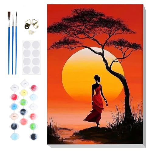 Bowetile Sunset Paint by Numbers Kit for Adults, Framed Painting by Numbers African Savannah, Adults' Paint-by-Number Kits on Canvas, Acrylic Number Painting Gifts for Home Wall Decor, 8x12in - color: Sunset