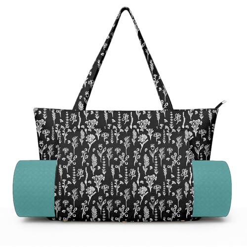 Yoga Bag for Women, Large Canvas Yoga Mat Tote Bag with Yoga Mat Carrier - color: Black Flowers-2