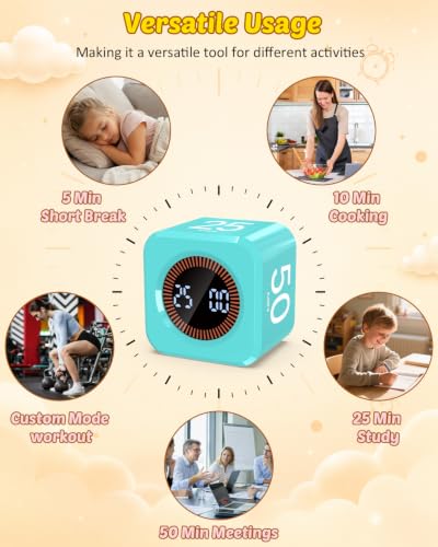 디지털 포모도로 타이머 큐브 5/10/25/50분 프리셋, 무소음 및 사운드 알람 - color: 민트 그린.