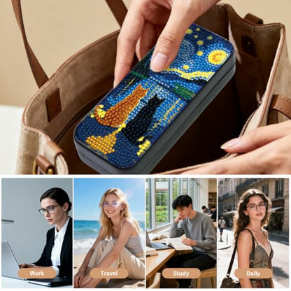 FlyingMage Cat Diamond Art Painting Kit, Hard Shell Eyeglasses Glasses Case | Starry Night DIY 5D Diamond Dots, Small Gem Art Painting Kits, Cute Rhinestone Sunglasses Case for Adults Beginner Women - color: Navy Starry Night Cat