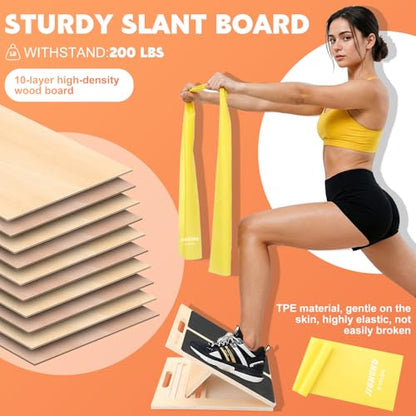 Portable Slant Board for Calf Stretching, Adjustable Wooden Calf Stretcher Incline Board, Calf Stretch Board for Squats Leg Knees Heel Ankle Stretching - color: 3pcs （slant Board + Resistance Bands）