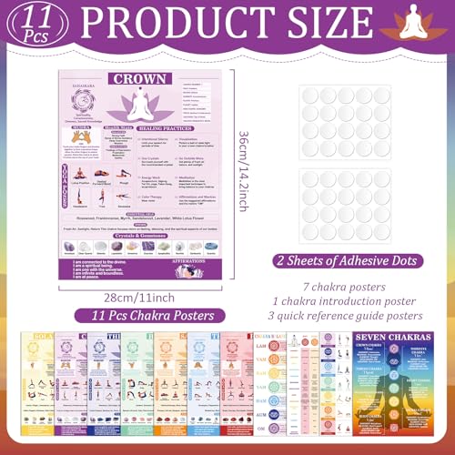 11pcs Chakras Posters (14.2 x 11.0 in) Yoga Poses Posters Set, Healing Meditation Yoga Pose with Crystals & Affirmations Quick Reference Guide, Spiritual wall art Gifts for Yogas Reiki Room Home Decor