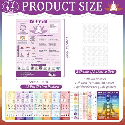 11pcs Chakras Posters (14.2 x 11.0 in) Yoga Poses Posters Set, Healing Meditation Yoga Pose with Crystals & Affirmations Quick Reference Guide, Spiritual wall art Gifts for Yogas Reiki Room Home Decor