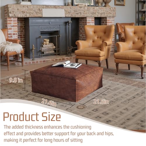 Vintage Leather Square Floor Cushion for Adults,Brown