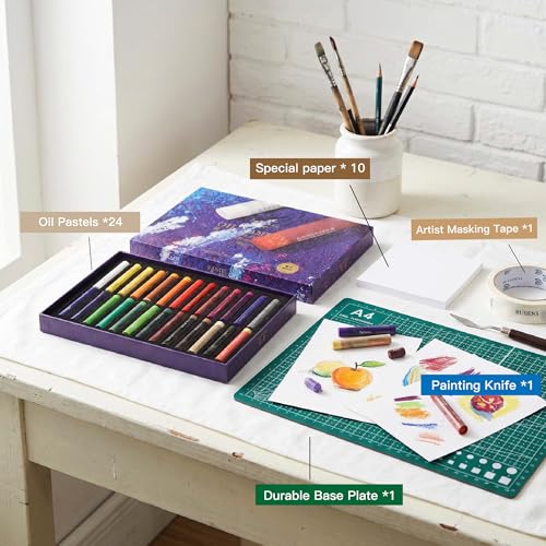 rubens Oil Pastels 24 Colors, Painting Kit, Art Supplies, Includes Oil Pastels Set, 1 Palette Knife, 1 Roll of Masking Tape, 30 Sheets Oil Pastel Paper, 1 Base Plate - color: 24 Basic Colors Set