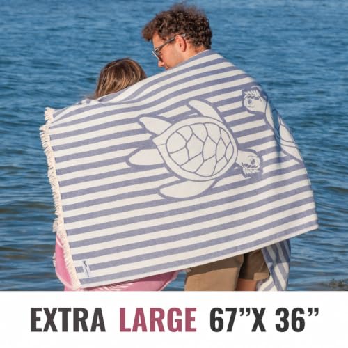 Turkish Beach Towel - 100% Organic Cotton - Soft, Quick-Dry, Sand Proof, Prewashed - Lightweight & Oversized for Beach, Pool, Yoga, Bath, Travel, Gym, Throw - Turtlebay (Navy) - color: Navy