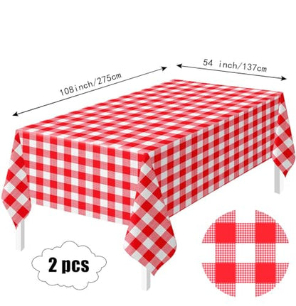 HEIPINIUYE 2 Pack Red Gingham Tablecloth Disposable 54 x 108 Inch Red and White Plaid Plastic Table Cloth Disposable Rectangle Table Cover for Party Birthday Picnic Checkered Tablecloths - color: Red Gingham Tablecloth, size: 2 Pack