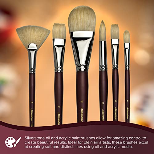 Silver Brush 1104-6 Silverstone Excellent Long Handle Hog Bristle Brush, Fan, Size 6 | Stiff Flagged Hog Bristle, Superb Paint Absorbency, Lightly Textured Strokes, Smoothing, Blending, Lifting, Softening Colors - size: Size 6