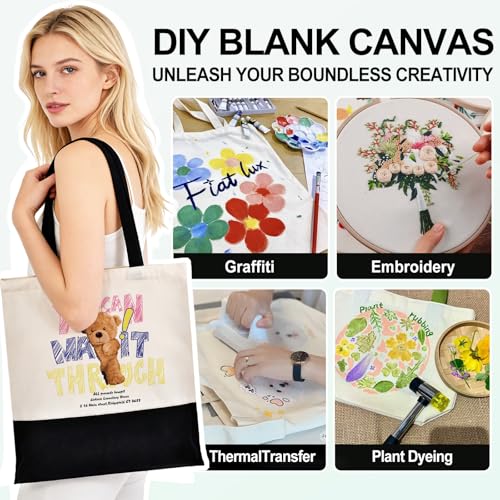 Canvas Tote Bag with Zipper for Women, Halloween Trick or Treat Bags Bulk | 13.8" x 15.3" Fashionable Two-Tone Cotton Tote Bag for Crafts, DIY Your Creative Designs - color: [A1] Beige / Black