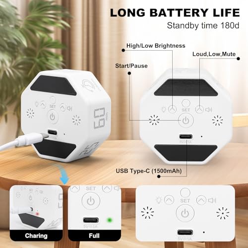 Small Productivity Timer, Pomodoro Timer with 5 Presets (White) | 3/5/10/25/60 Min Presets & Custom Countdown, Magnetic Rechargeable Digital Clock for Desk, Study, Work and Games - color: White