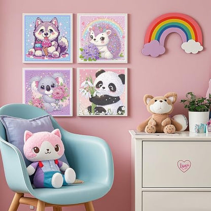 PERFECTSIGHT Cute 5D Diamond Art Kits, Kawaii DIY Painting Art for Adults Teen, 4 Pack Diamond Arts and Crafts Sets, Big Gem Full Drill Diamond Dots for Women (Koala+Panda+Husky+Hedgehog) - style: Koala+Panda+Husky+Hedgehog