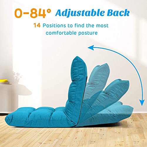 Giantex Adjustable Floor Gaming Sofa Chair 14-Position Cushioned Folding Lazy Recliner High Resilience Sponge, Breathable Cotton & Linen Fabric Sleeper Bed Couch Recliner - color: Peacock Blue