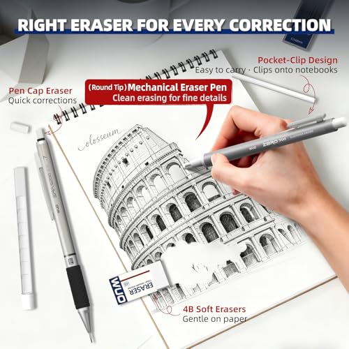 WUO 0.7 mm Mechanical Pencil Set with Eraser Pen Storage Case, 6 PCS | Metal Drafting Pencils, 360 HB Lead Refills, 3x4B Erasers, 12 Eraser Refills for School Artist Writing Drawing Sketching - color: Black 5 - 0.7mm (6 Pack)