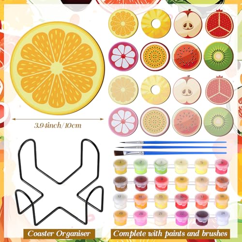 Reallnaive 8 Pcs Fruit Paint by Numbers Kit for Adults Wooden Coasters | Mini Paint by Numbers, Tiny Round Oil Painting Drink Coaster with Holder, for Small DIY Craft Birthday Gift - style: Fruit