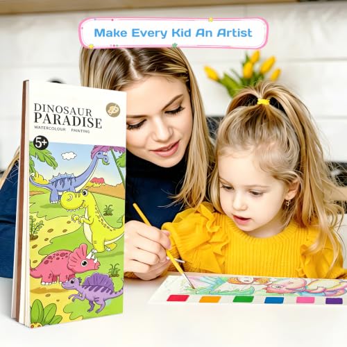 Pocket Watercolor Painting Book, 12-Page Travel Set for Kids 5+ Years, Art Craft Gift for Boys and Girls, Birthday and Christmas Party (Dinosaur Paradise) - color: Dinosaur Paradise