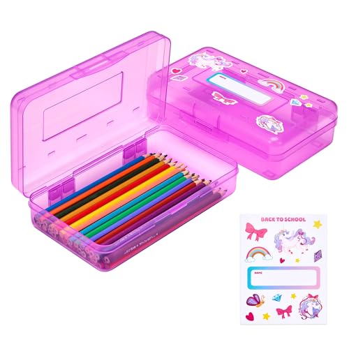GAMENOTE Plastic Pencil Box with Personalized Sticker,Large Capacity,Purple | Kid Large Hard Pencil Case with Snap-tight Lid, Small Art Craft Storage Containers, School Supply Box for Boys, Girls - color: Purple