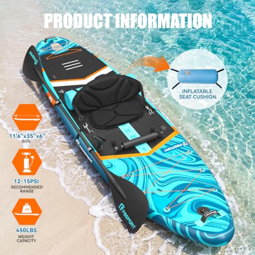 FBSPORT 11' Premium Stand Up Paddle Board, Yoga Board with SUP Accessories & Carry Bag | Wide Stance, Surf Control, Non-Slip Deck, Leash, Paddle and Pump for Youth & Adult - color: Blue Orange