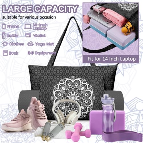 Yoga Bag for Women, Large Canvas Yoga Mat Tote Bag with Yoga Mat Carrier | Large Mat Pocket Fitness Tote for Pilates, Gym, Travel, Office & Beach - color: Black Mandala