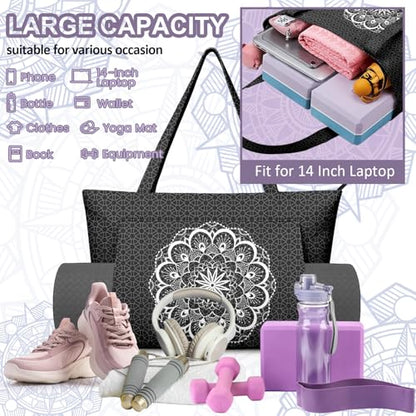 Yoga Bag for Women, Large Canvas Yoga Mat Tote Bag with Yoga Mat Carrier | Large Mat Pocket Fitness Tote for Pilates, Gym, Travel, Office & Beach - color: Black Mandala