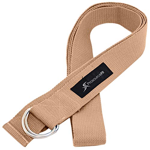 ProsourceFit Metal D-Ring Yoga Strap 8’ Durable Cotton for Stretching and Flexibility - color: Beige