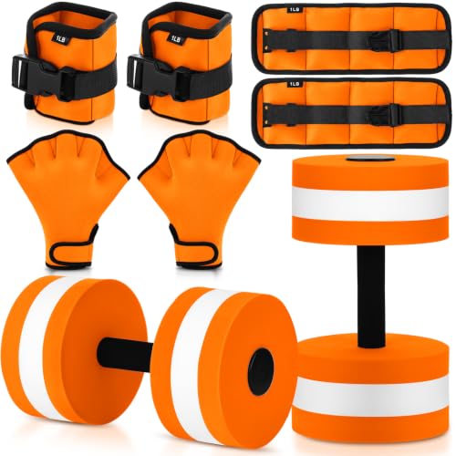 Hollowfly 6 Pcs Water Aerobics Equipment Set Full Body Pool Exercise Kit, 2 Aqua Dumbbells, 2 Adjustable Ankle/Wrist Weights, 2 Webbed Swim Gloves, Low Impact Aquatic Workout Gear - color: Orange, size: 1lb