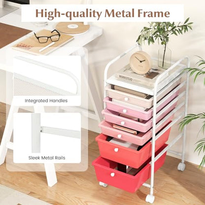 RELAX4LIFE 6-Drawer Rolling Storage Cart - Classroom Organization on Wheels w/Removable Plastic Drawers, Mobile Art Craft Cart for School Paper Home Office, Utility Cart with Drawers (Gradient Pink) - color: Gradient Pink