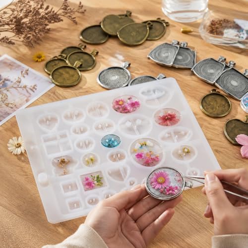 Resin Casting Mold Jewelry Making Kit with 30 Metal Pendant Trays and Silicone Mold, Heart Teardrop Round Oval Square Shapes for DIY Earrings Necklaces Bracelets Crafts Gifts
