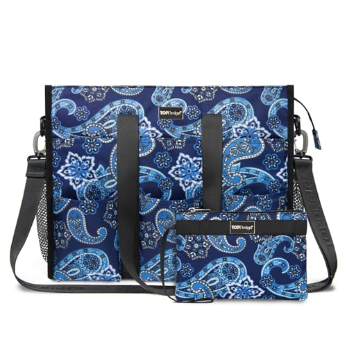 TOPDesign Utility Water Resistant Tote Bag with 22 Pockets, Top Zipper Closure & Thick Bottom Support, for Working Women - color: Blue Bandanna, size: Medium