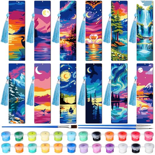 Kosiz 12 Pcs Night Landscape Paint by Number Kit for Adult Wood Bookmark | Mini Paint by Numbers Kit, Painting Decor, Tiny Mountain Tassels Blank Bookmarks, for Small DIY Craft Book Lovers Gift 7x2 '' - style: Night Landscape