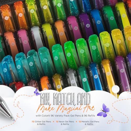 ColorIt Gel Pens Set for Coloring – 192 Pack with 12 Metallic, 12 Neon, 72 Glitter Gel Pens - 96 Refills & 2 Travel Cases - Vibrant Colors for Journaling, Writing, Coloring Books, & Creative Projects - style: 96 Variety Pack Gel Pens | 96 Refills