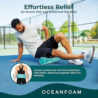 Oceanfoam Tidal Roller - Jade & Seafoam Marbled - Muscle Massage Foam Roller for Back Pain & Stretching - Firm and Ergonomic Wide Wave Textured - Yoga, Athletics, & Wellness - Full Size, 20" x 5"