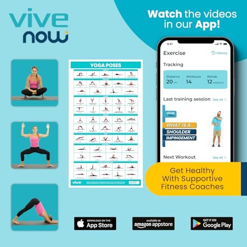Vive Yoga Poster - Poses for Beginners and Experts - Mat Exercise Home Gym | Workout Accessories Set- Double Sided Laminated Flow Chart Accessory - Instructional Guided Routine - for Women, Men