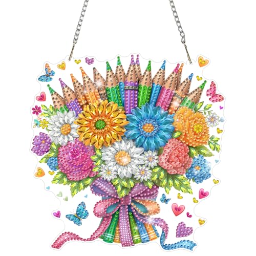 MAXBYE Diamond Painting Hanging Pendant, Pencil Flowers Bouquet DIY Special Shaped Diamond Art Kits for Adults，Double Sided Rhinestone for Beginners Gift Window Wall Door Decoration 8×8 Inch - color: Pencil Flowers Bouquet
