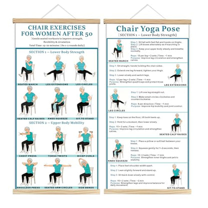 2PC-Chair Yoga & Seated Exercise Poster for Seniors & Beginners ,Extra Large Font Fabric Wall Chart with Hanging Rod & String , Durable Foldable Guide for Home/Office (Lower Body Strength & Upper Body Mobility) (off-white)