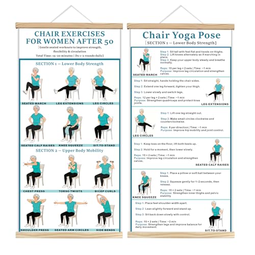 2PC-Chair Yoga & Seated Exercise Poster for Seniors & Beginners ,Extra Large Font Fabric Wall Chart with Hanging Rod & String , Durable Foldable Guide for Home/Office (Lower Body Strength & Upper Body Mobility) (off-white)