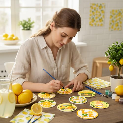 Reallnaive 8 Pcs Lemon Paint by Numbers Kit for Adults Wooden Coasters | Mini Paint by Numbers, Tiny Yellow Gnome Round Oil Painting Drink Coaster with Holder, for Small DIY Craft Birthday Gift - style: Lemon