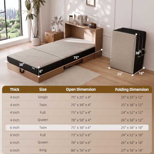 ROXGOX Memory Foam Trifold Mattress, Foldable Mattress Twin 6 Inch, Portable Floor Bed with Washable Cover, Handle & Non-Slip Bottom, for RV, Travel, Camping, Yoga, 75"x38"x6", Grey - size: Twin Size, style: 6 Inch-Grey