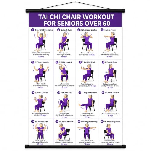 Tvisenva Tai Chi Chair Workout Chart for Seniors - Chair Tai Chi Exercise Poster for Beginners - 16 Seated Tai Chi Movements for Balance, Flexibility, Mobility and Relaxation - 16 x 24 Inch Wall Art