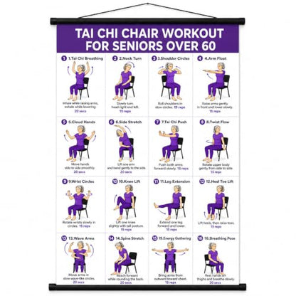 Tvisenva Tai Chi Chair Workout Chart for Seniors - Chair Tai Chi Exercise Poster for Beginners - 16 Seated Tai Chi Movements for Balance, Flexibility, Mobility and Relaxation - 16 x 24 Inch Wall Art