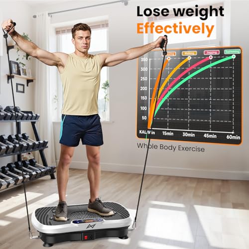 AXV Vibration Plate Fitness Platform Exercise Machine Body Vibrating Board | Curved Design Powerful 200W Bluetooth Oscillating Shake Plate for Lymphatic Drainage Recovery Whole Body Toning With Handles - color: BT.PRO.WHITE