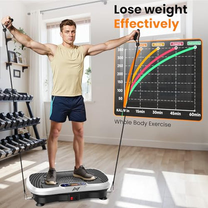 AXV Vibration Plate Fitness Platform Exercise Machine Body Vibrating Board | Curved Design Powerful 200W Bluetooth Oscillating Shake Plate for Lymphatic Drainage Recovery Whole Body Toning With Handles - color: BT.PRO.WHITE
