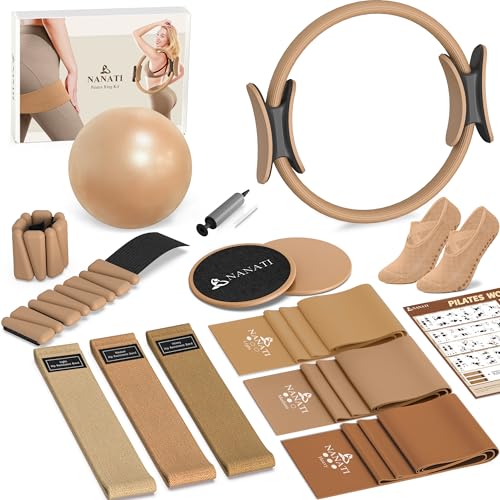 NANATI Pilates Kit, Home Pilates Workout Kit for Women, Pilates Equipment with 14.5"" Pilates Ring and Ball, Resistance Bands, Ankle Weights, Sliders & Grip Socks for Home Workouts - color: Mocha
