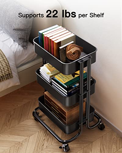 Pipishell 3 Tier Metal Rolling Utility Cart with 2 Lockable Wheels, Black | 360° Rotating Wheel, Heavy-Duty Steel, Sturdy Dual Columns, Ventilated Mesh, Hold 22 lbs per Shelf, for Kitchen & Dining Room - color: Black, size: 3 Tier
