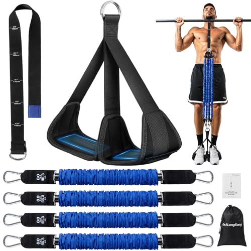ALongSong Pull Up Assistance Bands with Foot Support Pedal - Upgraded Heavy Duty Resistance Bands Adjustable Weight/Height with Bands&Measured Strap for Strength Training Home Gym - color: Blue, size: 4 Bands with 80lbs