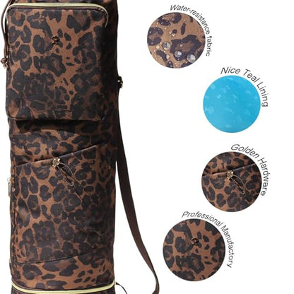 ESVAN Yoga Mat Bag with Multi Pockets Drawstring Yoga Mat Carrier Pilates Exercise Multi-Functional Storage Bag - color: Leopard Print New