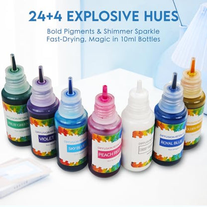 28pcs Alcohol Ink Set, 24 Vibrant Colors Concentrated Alcohol Inks for Resin Art, Epoxy Resin, Tumbler Making, Petri Dish Making, 10ml/0.35oz, with 4 Resin Glitters