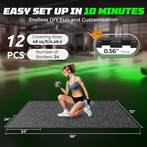 PRAISUN 0.56" Rubber Top Gym Flooring, Heavy Duty Gym Mats for Home Gym - size: 12 Tiles (48 Sq Ft)