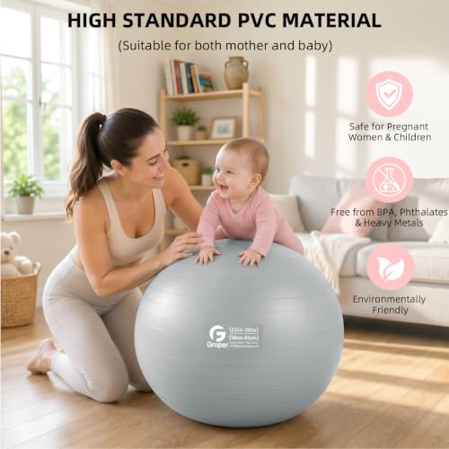 Gruper Exercise Ball, Extra Thick Yoga Ball for Working Out, Yoga & Pregnancy, 4 Sizes Anti-Burst Balance Ball with Foot Pump for Pilates, Physical Therapy & Fitness - color: sliver, size: L(26IN/65cm)