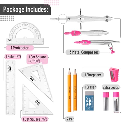 Mr. Pen- Geometry Set, 13 pcs, 3 Metal Compasses, Protractor, 6" Ruler | 45° & 30°/60° Set Squares, Pencils, Lead Refills, Sharpener & Eraser for Math, Drafting & Classroom Use - color: Pink